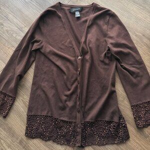 Pointelle Brown Silk Blend Cardigan Small Beaded Crochet Trim Button Front